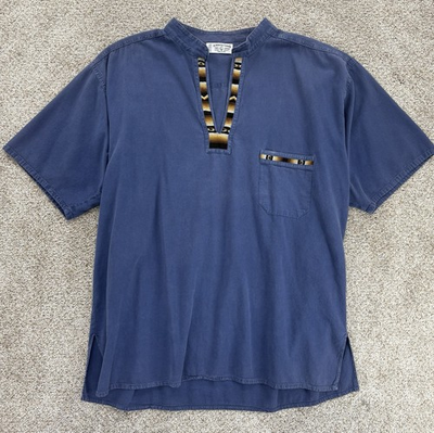 #ad Artesania Landa Pullover Shirt Size XL Blue Embroidered Trim V Neck Peru Cotton $22.98