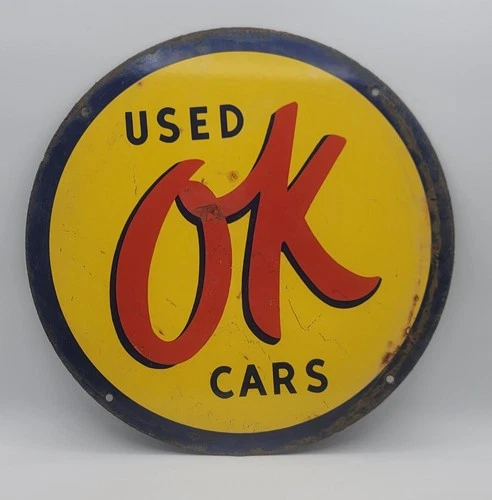 Vintage OK Used Cars 14" Distressed Weathered Porcelain Enameled Metal Sign
