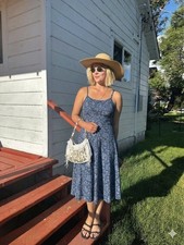 PACT Organic Cotton Fit & Flare Midi Dress Blue Floral Built-in Bra Womens