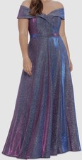 Xscape Womens Purple Metallic Glitter Off-Shoulder Gown Dress Plus Size: 18W