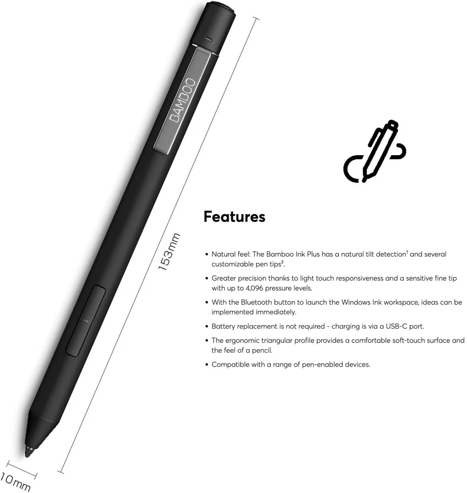 Wacom Bamboo Ink Plus: Versatile, Rechargeable Stylus for Windows 10 Devices - Image 3 of 4