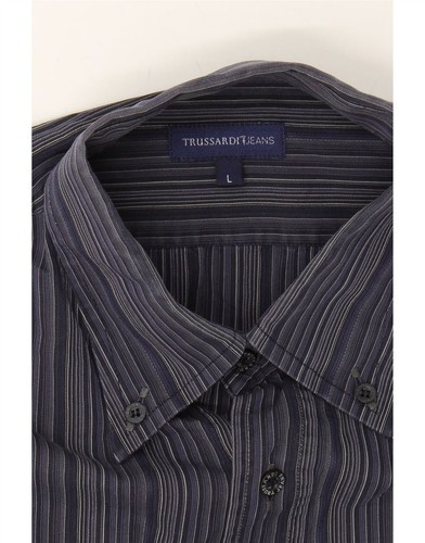 TRUSSARDI Camicia Uomo Grande Blu Navy Rigato Cotone BJ11 - Foto 3 di 3