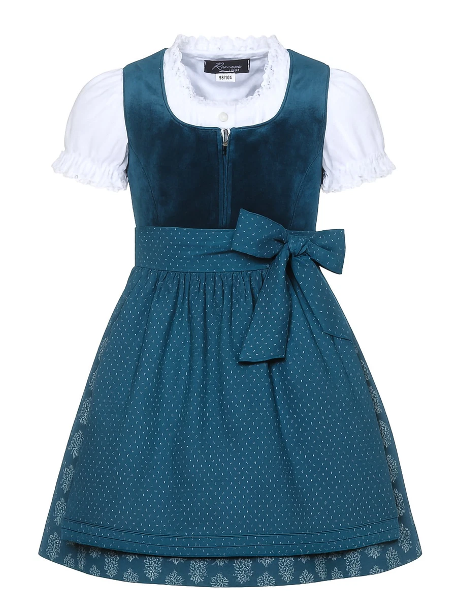 Dirndl Per Bambina 3 Pezzi MS-Trachten Mimi – Abito Tradizionale Bavarese Con Camicia E Grembiule, Azzurro, Taglia 128 - 3