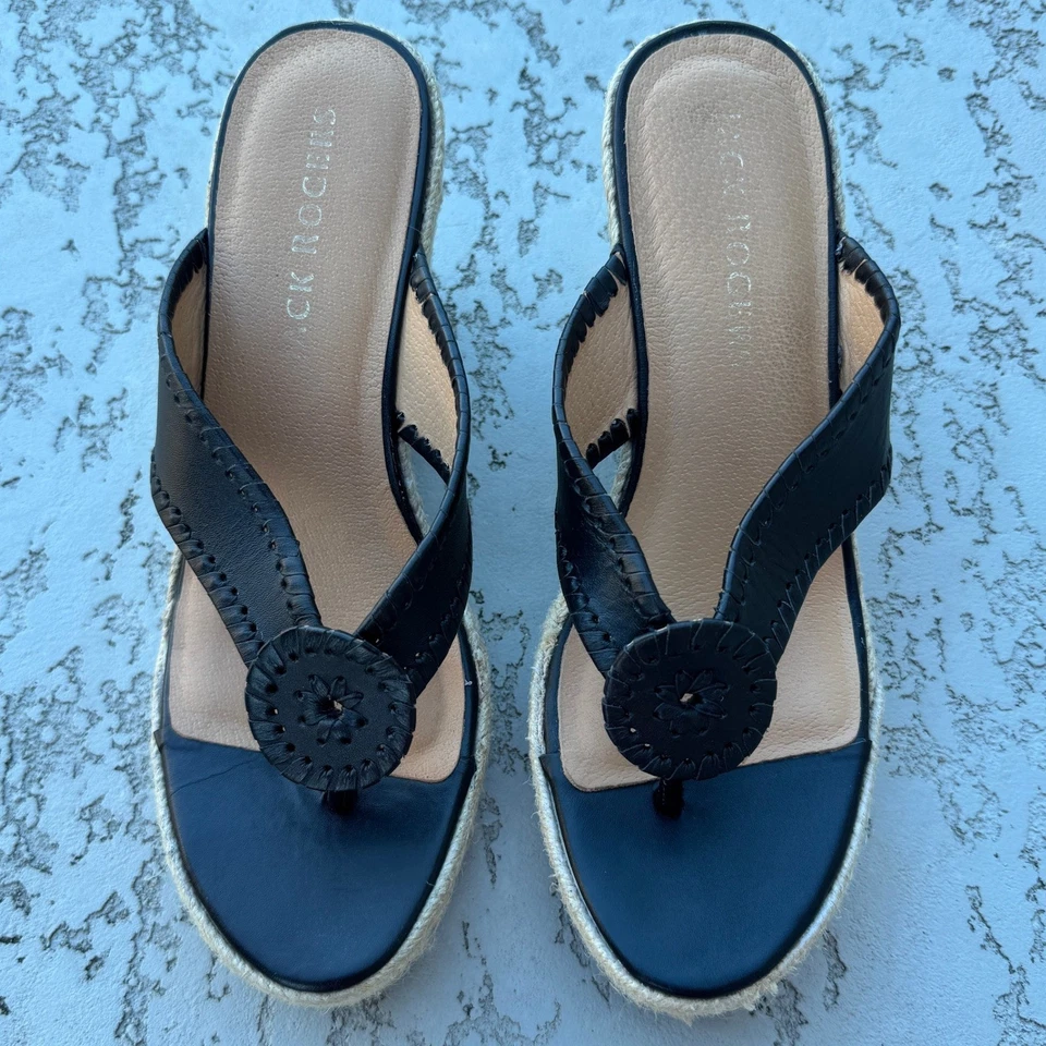 Jack Rogers Women's Black Leather Espadrille Wedge Sandals Flip Flops Size 9.5M - Image 2 of 4