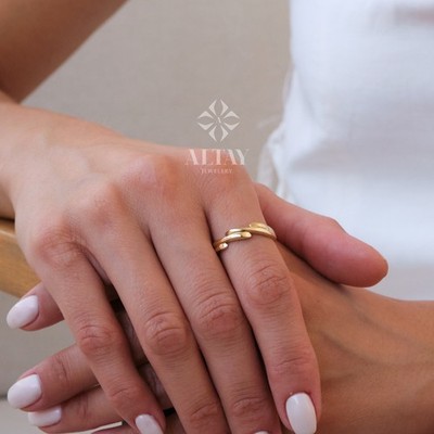 14K Gold Wellenzweig Ring, Gold Zweigband, minimalistischer Gold Knöchelring, zierlich