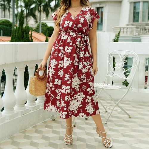 Plus Size Curvy Women Floral Dress Summer Holiday Beach Party Swing Sundress - Picture 109 of 117