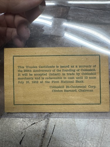 Vintage 1935 Cobleskil NY One Wooden Nickel Certificate - Picture 2 of 2