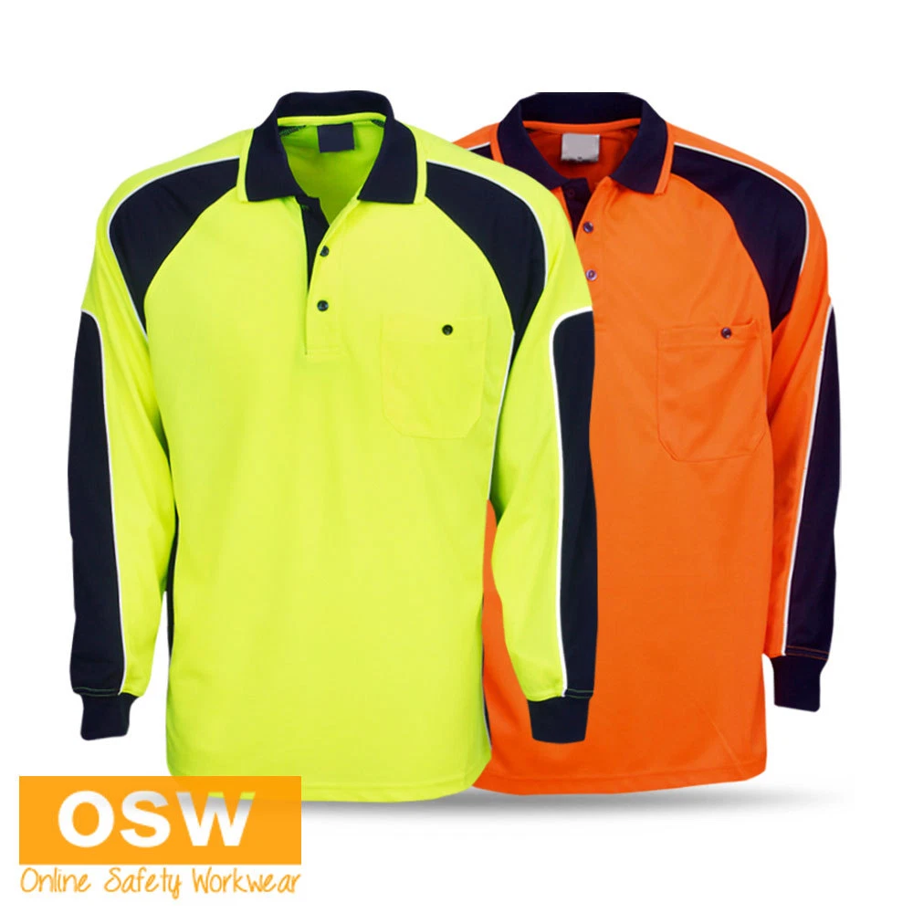 HI VIS WORK COOL BREEZE YELLOW ORANGE LONG SLEEVE POLO TRADIE