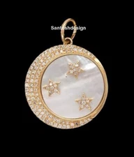 Beautiful Crescent Moon Star Diamond Mother Of Pearl Silver Charm Pendant,Gift