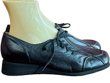 NOS 7 W Vtg 70s Womens Shoes Black Leather Wedge Heel Side Tie Mello Mates USA