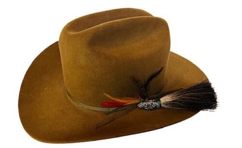 Stetson Cowboy Hat XXXX vtg 6 and 7/8 USA Western Beaver feather pin silver tan