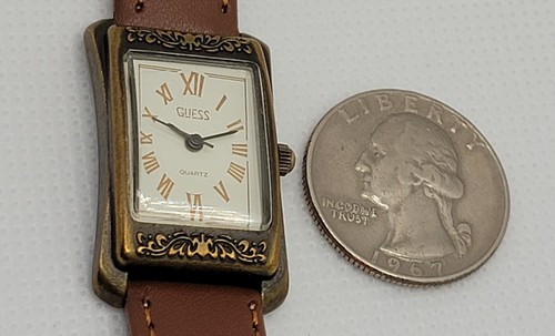 Ladies Vintage Guess 1989 Rectange Gold Tone Brown Leater Band Watch L5 - Picture 7 of 9