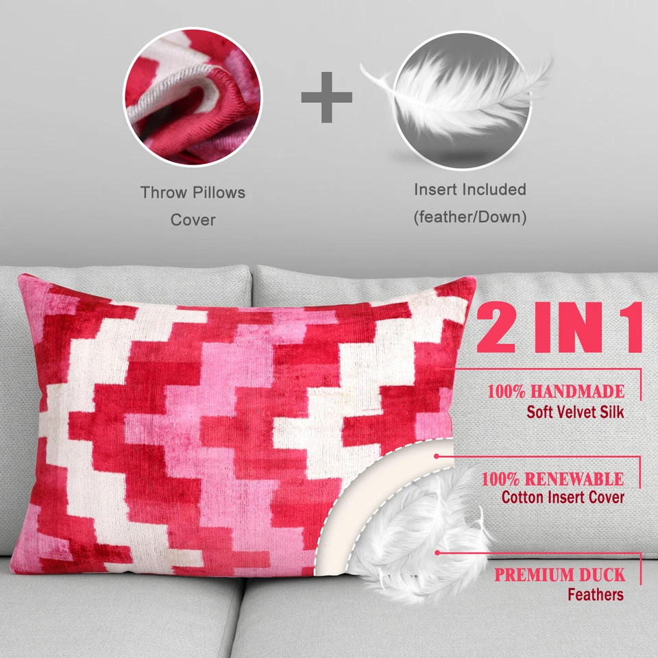 Handmade Geometric Silk Velvet Feather Throw Pillow Pink 16 x 24 in (40 x 60cm) - Image 2 of 4