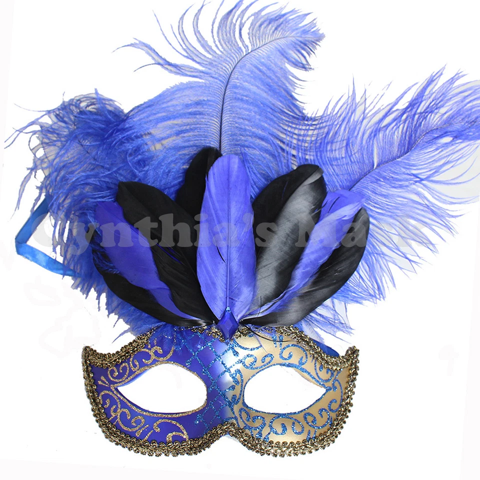 Máscara veneziana azul real com penas de avestruz formatura casamento Halloween  - Imagem 2 de 2