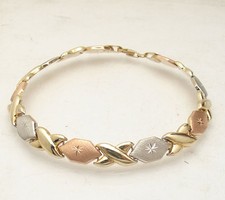 8" Diamond Cut Hugs and Kisses Stampato Bracelet Real 14K TriColor Gold