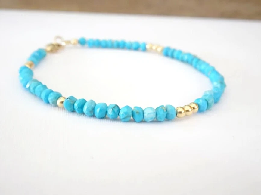 Ausgezeichnetes Dornröschen Türkis + goldene Perlen Rondelle Edelstein Armban... - Bild 2 von 4