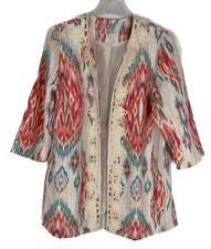 Chicos Ikat Linen Open Jacket 3/4 Sleeve Embroidered Appliqu Womens Size 3 / XL