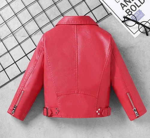 Kids 2-9Y Girls PU Leather Solid Motorcycle Coat zip Pocket short outwear Jacket - Picture 10 of 23
