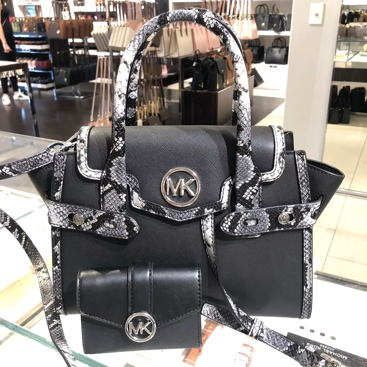 MICHAEL KORS CARMEN MEDIUM FLAP SATCHEL SHOULDER BAG MK BLACK MULTI  NWT+WALLET