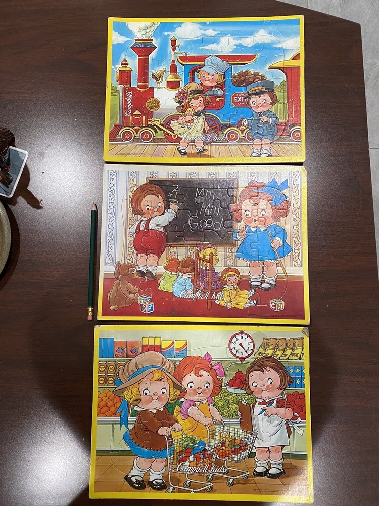 Lot of 3 Vintage Campbell Soup Kids Childrens Board Puzzles Train Teacher Market