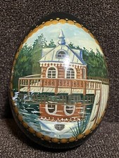 Russian Egg Hand painted Log Cabin On Lake Water