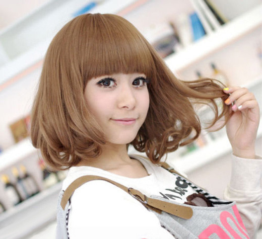 Fashion Short Brown Neat Bangs Straight Curly Women Cosplay Hair