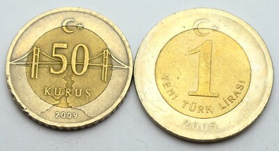 TURKEY 50 KURUS + 1 LIRA 2005-2009 LOT OF 2 OLD COINS