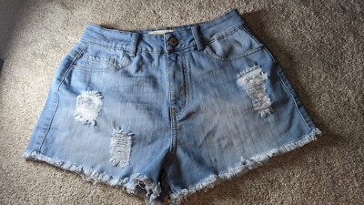Labijou denim distressed high waist shorts with raw fringe hems
