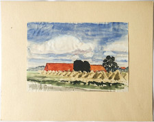 Gemälde Tusche Landschaft Gehöft Gerda Henning Signiert 1958 Nachlass