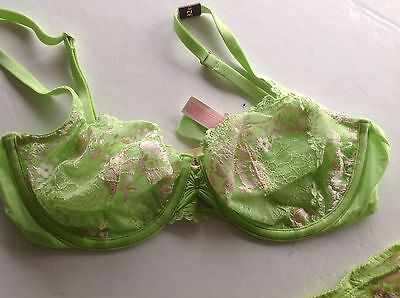 Victorias Secret Unlined Demi Bra Set DESIRE Green White Lace Crystals 32D,S NWT Victorias Secret Unlined Demi Bra Set DESIRE Green White Lace Crystals 32D,S NWT