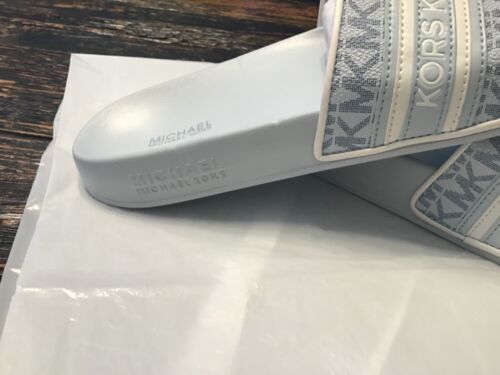 NEW Michael Kors Women's Gilmore Slides Light Blue White MK Logo Slip On Sz.7 - Picture 4 of 11