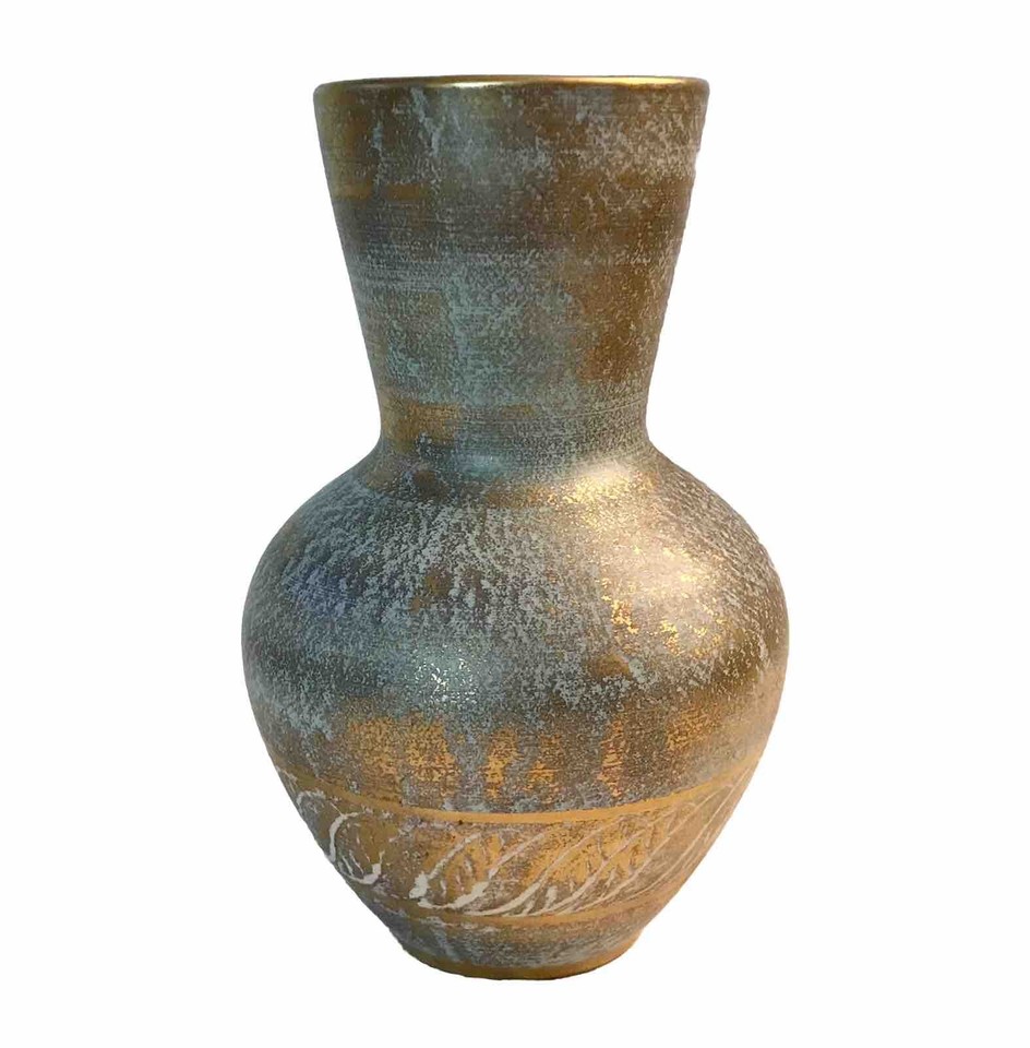 Stangl Pottery Vase 5023 Gold Aqua Ceramic Vintage Mid Century Art 9.5”