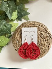 RED Tear Drop Earrings Crochet Earrings 100 Cotton