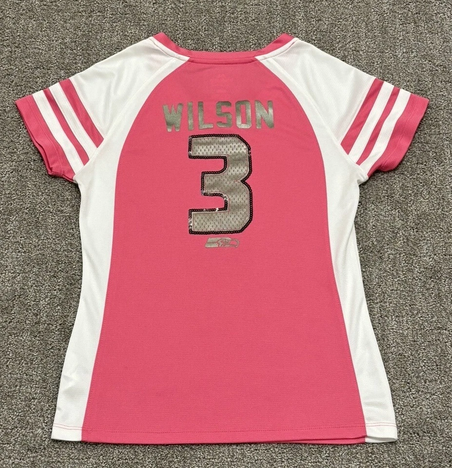 Camisa Jersey Seattle Seahawks Rosa Blanco Lentejuelas #3 Wilson Con Cordones Mujer Pequeña Foto 2 de 4