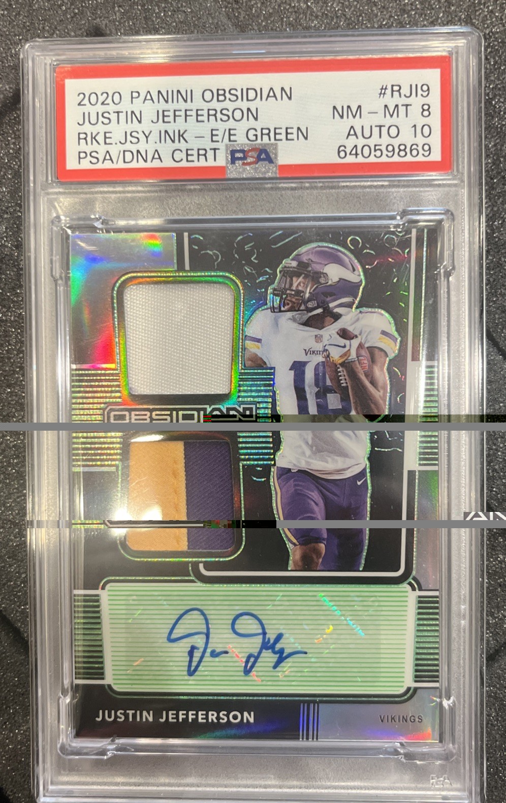 Justin Jefferson Panini Obsidian Rookie Jersey Ink #RJI9 Electric Etch-Green