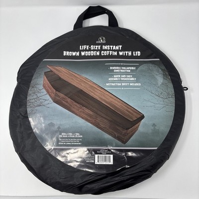 Morris 60'' Life Size Brown Wooden Coffin w/ Lid Collapsible Halloween Decoration