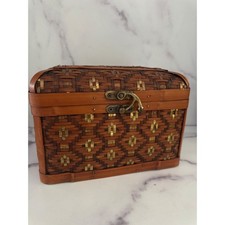 Vintage Woven Wood Basket Box Brass Latch Lid...