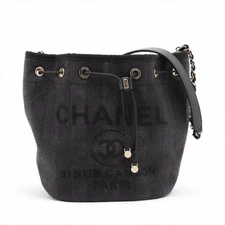 AUTH CHANEL DEAUVILLE STRAW LEATHER CHAIN SHOULDER BAG BLACK SIZE 29 WOMEN'S F/S