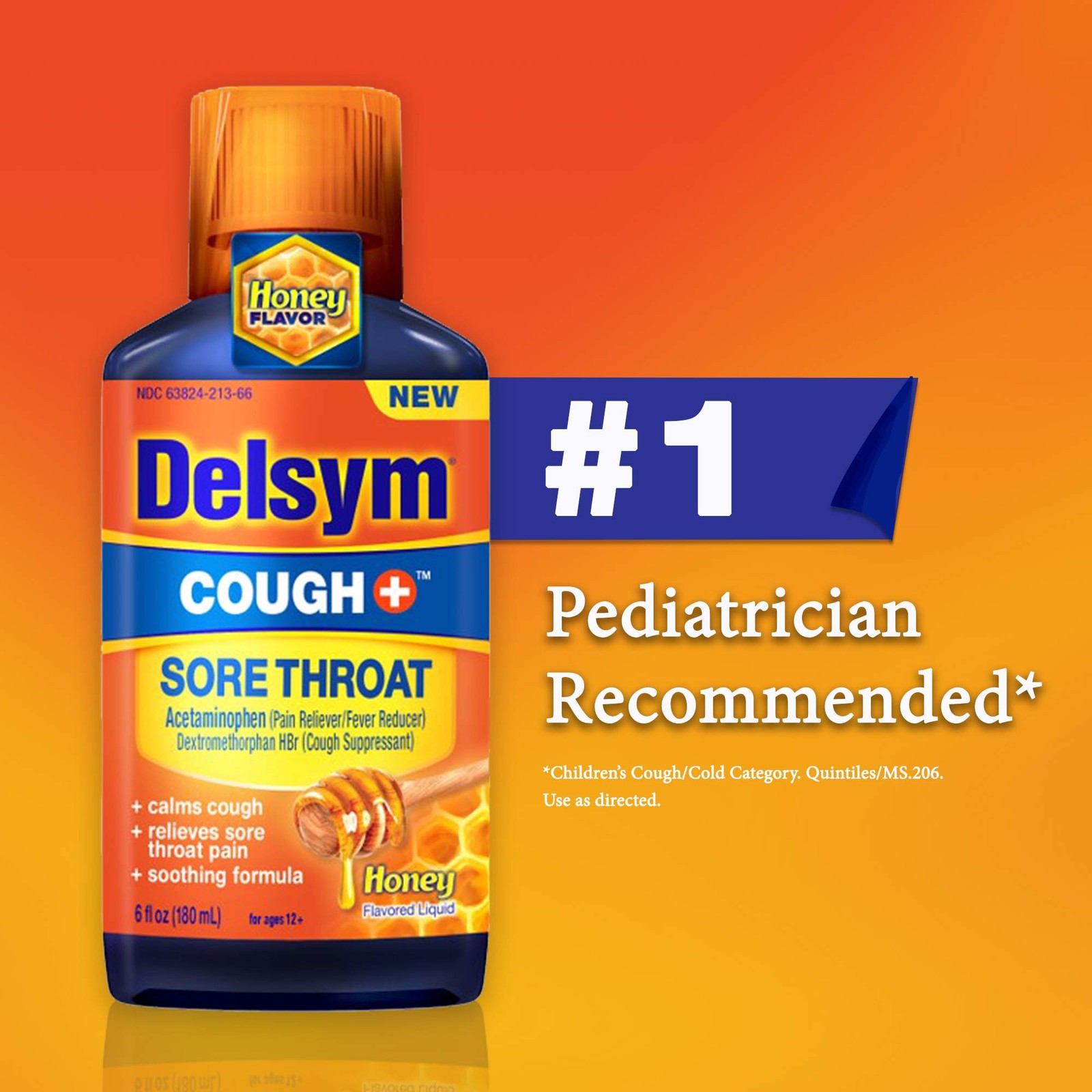 Delsym Adult Liquid *11/2025* Cough Plus Sore Throat Honey 6 oz