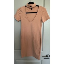 Forever 21 Peach V-Neck Mock Collar Mini Short Sleeve Dress Women's Sz Small