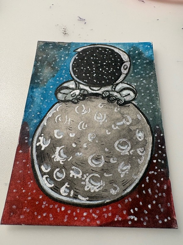 ACEO ORIGINAL | Astronaut On Moon  Art Card Mixed Media 2.5” X 3.5”  Juan David