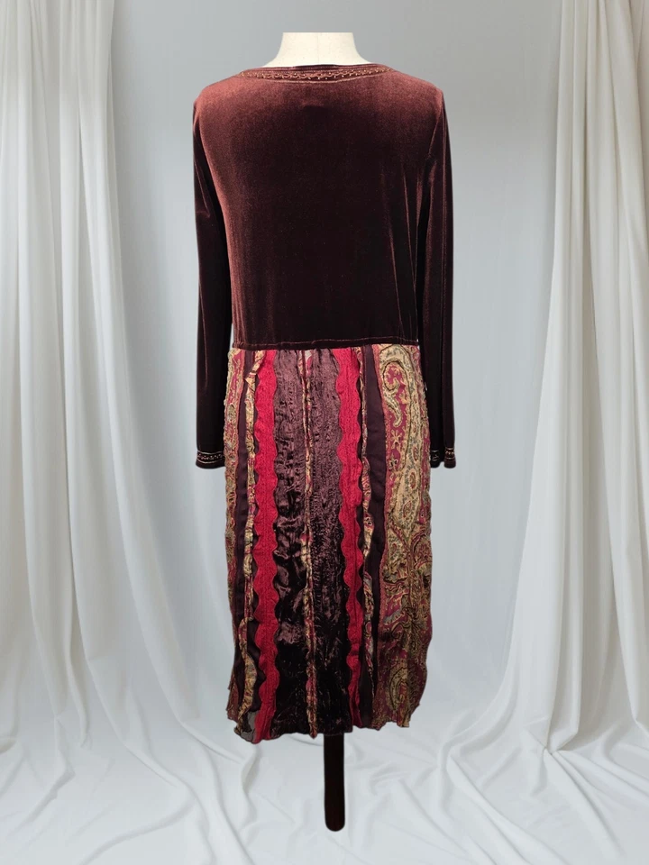 Vestido Bandolino De Colección Y2K Para Mujer 12 Marrón Terciopelo Paisley Cuentas Gitano Capricho Foto 3 de 4