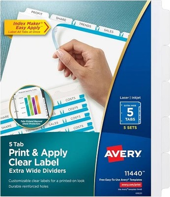 AVERY AVE11440 - Print amp Apply Clear Label Dividers w/White Tabs