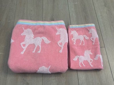 Caro Set Of Kids Bath & Hand Towels Pink Fairy Unicorns Pastel Rainbow