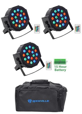 (3) Rockville BATTERY PAR 50 Rechargeable LED DMX DJ Wash Up-Lights+Remotes+Bag