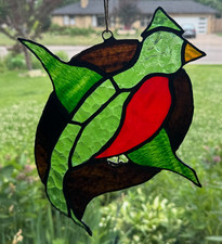 Stained Glass Bird Window Hanging Sun Catcher Handmade 3D Feet READ 11x10.5