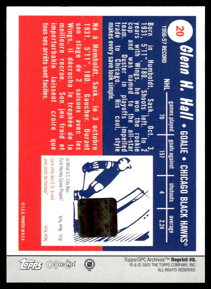 2001-02 TOPPS ARCHIVES AUTO Glenn Hall Chicago Blackhawks #20 - Image 2 of 2