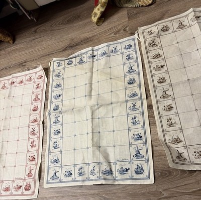 NOS REINLEINEN Kitchen Tea Towel Dutch Tiles Delft Windmill LINEN Set Of 3 Color