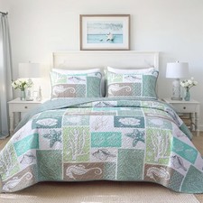 Coastal Quilt Set King Size, Beach Coverlet Sage Green Starfish Coral Seashel...