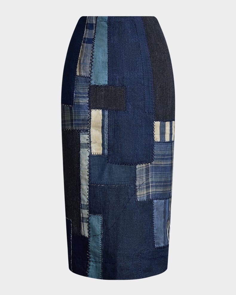 NWT RALPH LAUREN Purple Label Mae Patchwork Knee Pencil Skirt 10 Blue Multi